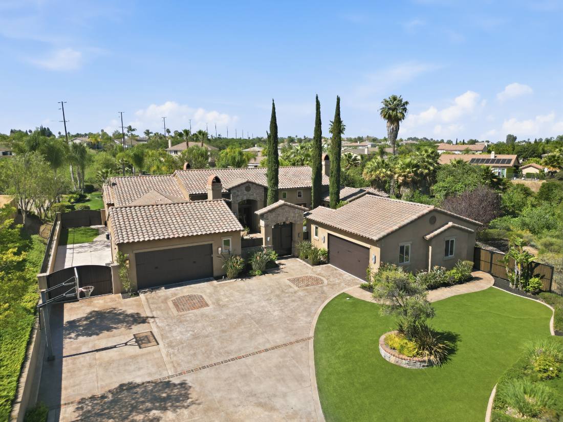 Aerial, Tuscan estate with cypress motor court