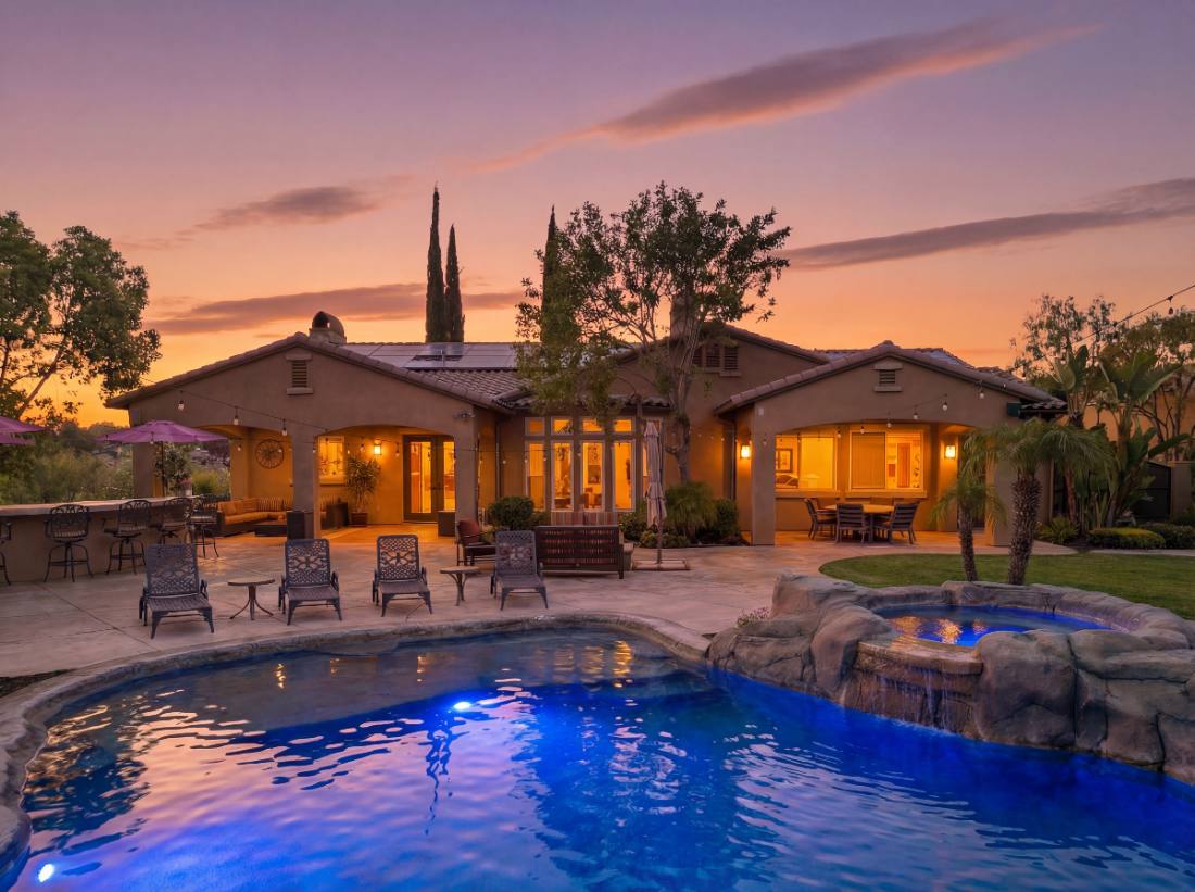 Twilight over the pool and outdoor kitchen, shot by Stillwater Productions