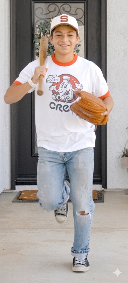 Agent recreated as a Sandlot era kid with bat and mitt